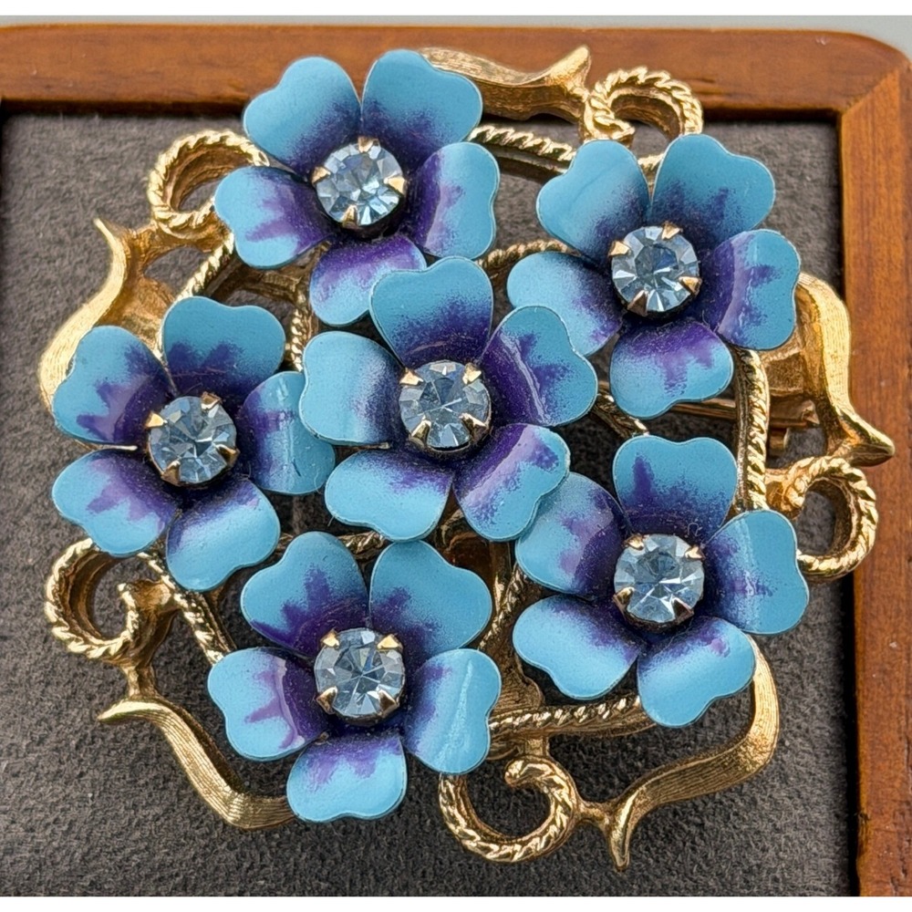 Vintage Avon Brooch Pendant Enamel Flower Forget Me Not Rhinestones 1.5"